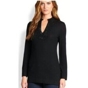 Tory Burch Merino Wool Beaded Tunic Top Black L Embellished V-Neck Long Sleeve